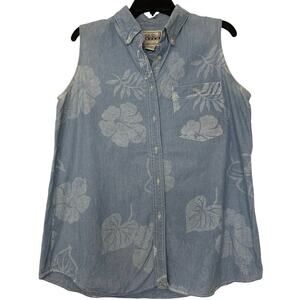 Vintage Levi’s Cotton Sleeveless Floral Button Down Blue Chambray Shirt Large
